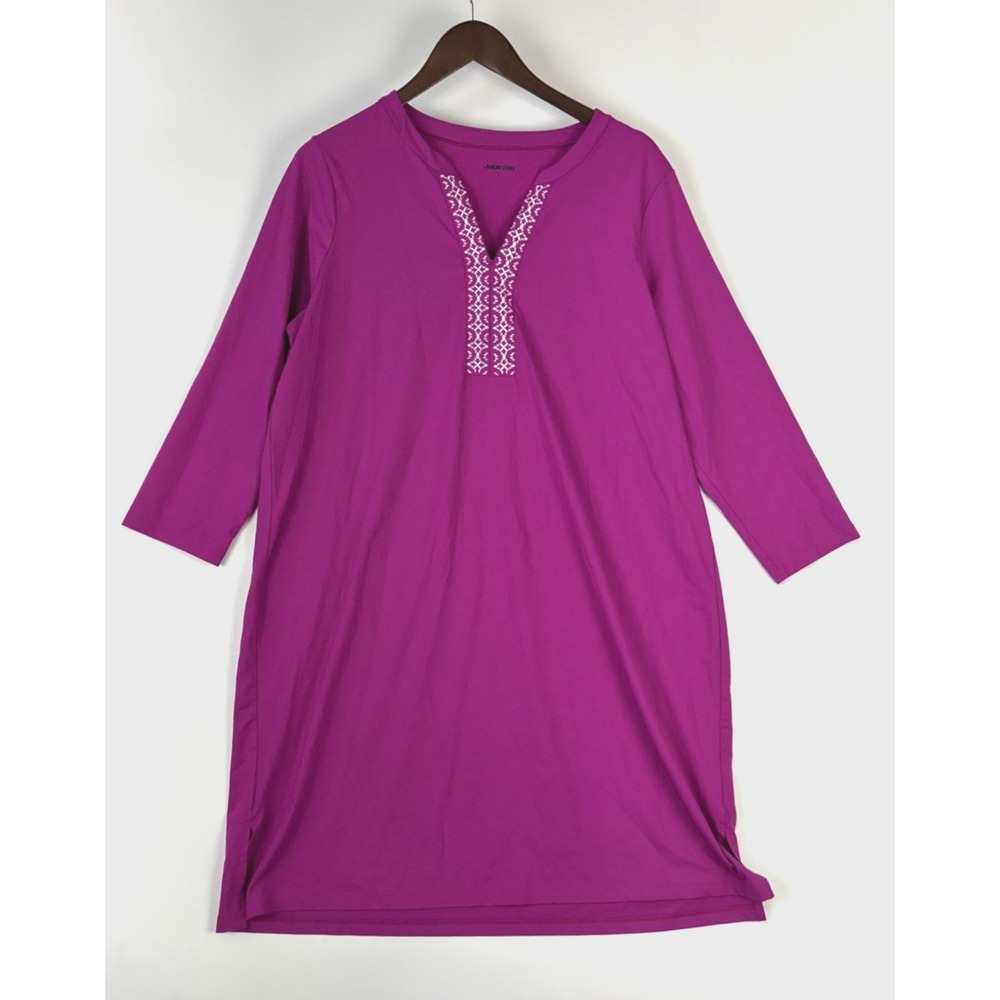 Lands End Womens Embroidered‎ Dress Size XL Shift Nylon Magenta Stretchy Tunic
